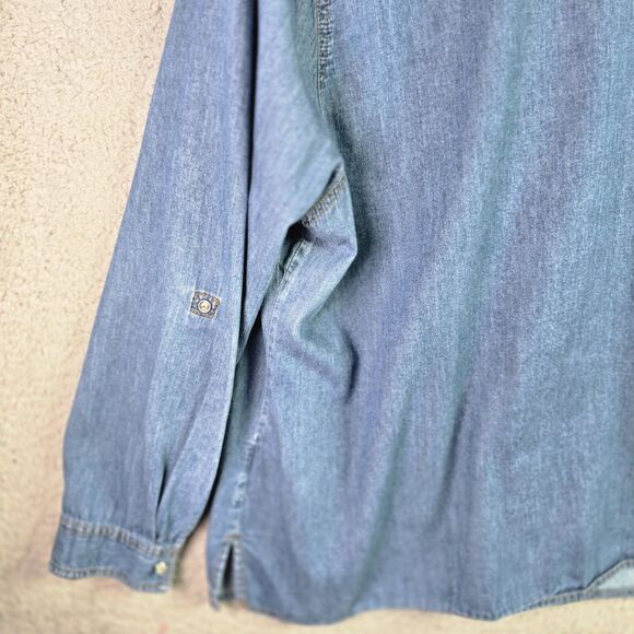 VTG Faded Glory Denim Shirt 3X Pearl Snap Roll Tab Western Y2K Cotton Side Slits - Picture 12 of 16